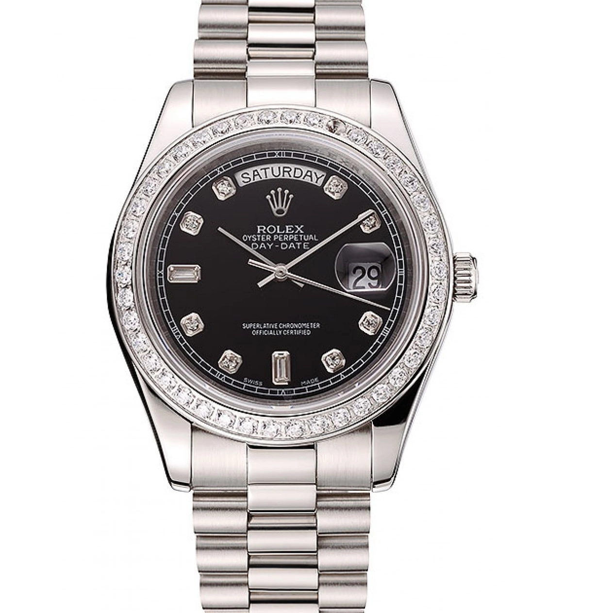 Aaa fake watches Black Rolex Diamond Numerals Swiss Case Dial 1453966 Stainless Day-Date Steel Diamond Bracelet 0605
